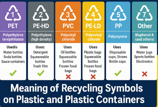 Infographic explaining the seven plastic recycling codes (PET, PE-HD, PVC, PE-LD, PP, PS, Other), showing their full names, common uses like water bottles, detergent containers, and plastic bags, and their recyclability status with check or cross marks